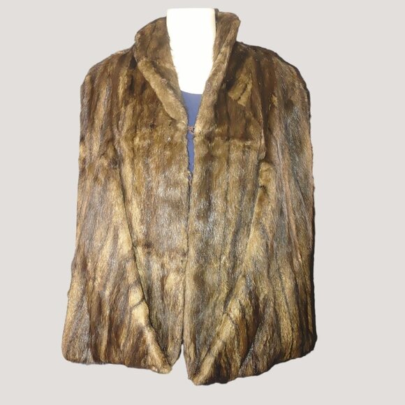Large Animal Fur Shawl Stole Wrap Vintage Brown Satin Lining Hook Eyelets - Picture 1 of 12